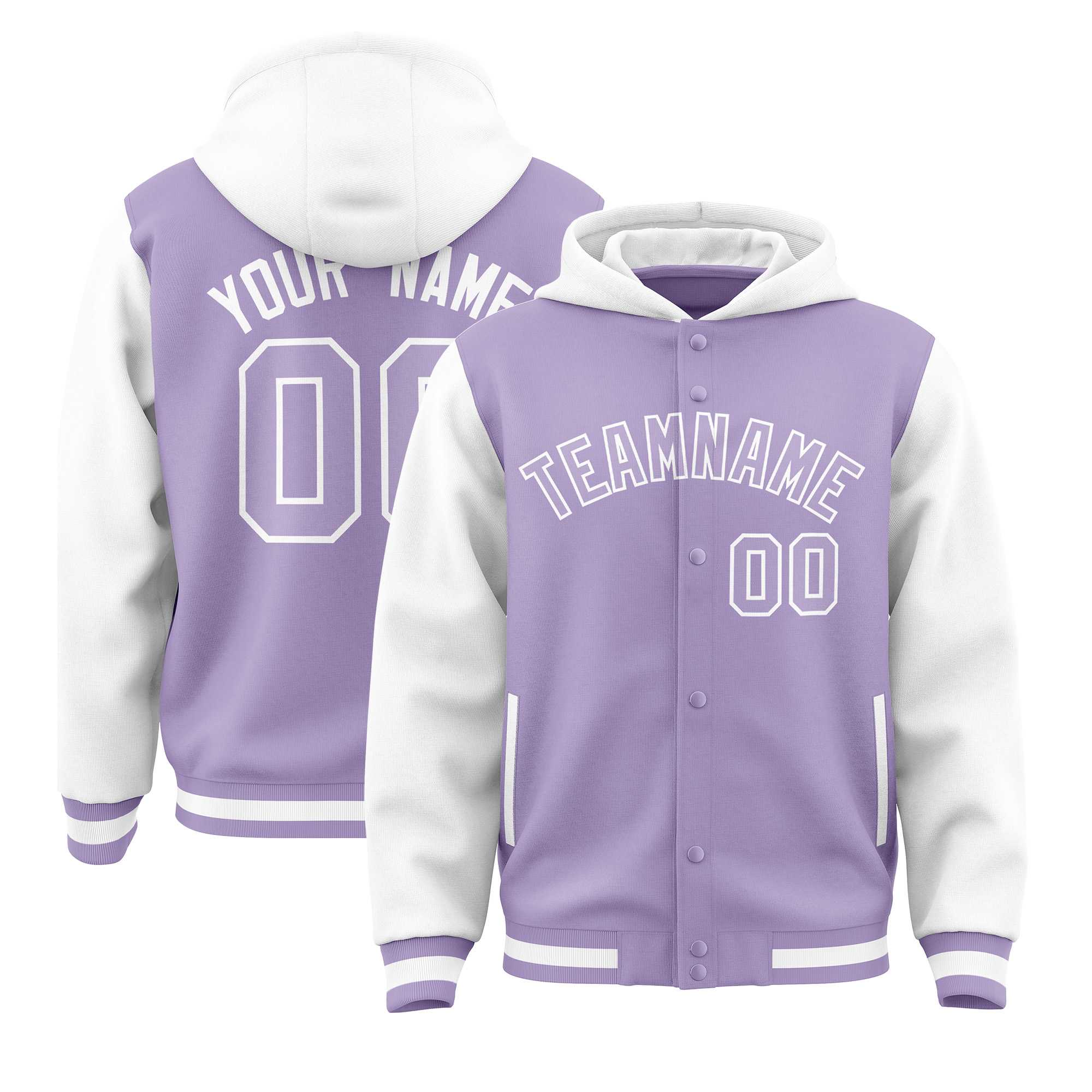 Custom Light Purple White Raglan Sleeves Varsity Full-Snap Letterman Two Tone Jacket Hoodie| KXKSHOP