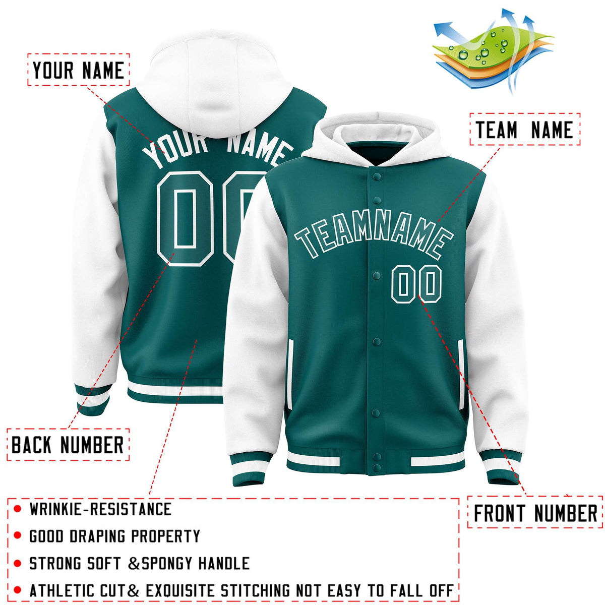 Custom Aqua White Raglan Sleeves Varsity Full-Snap Letterman Two Tone Jacket Hoodie| KXKSHOP