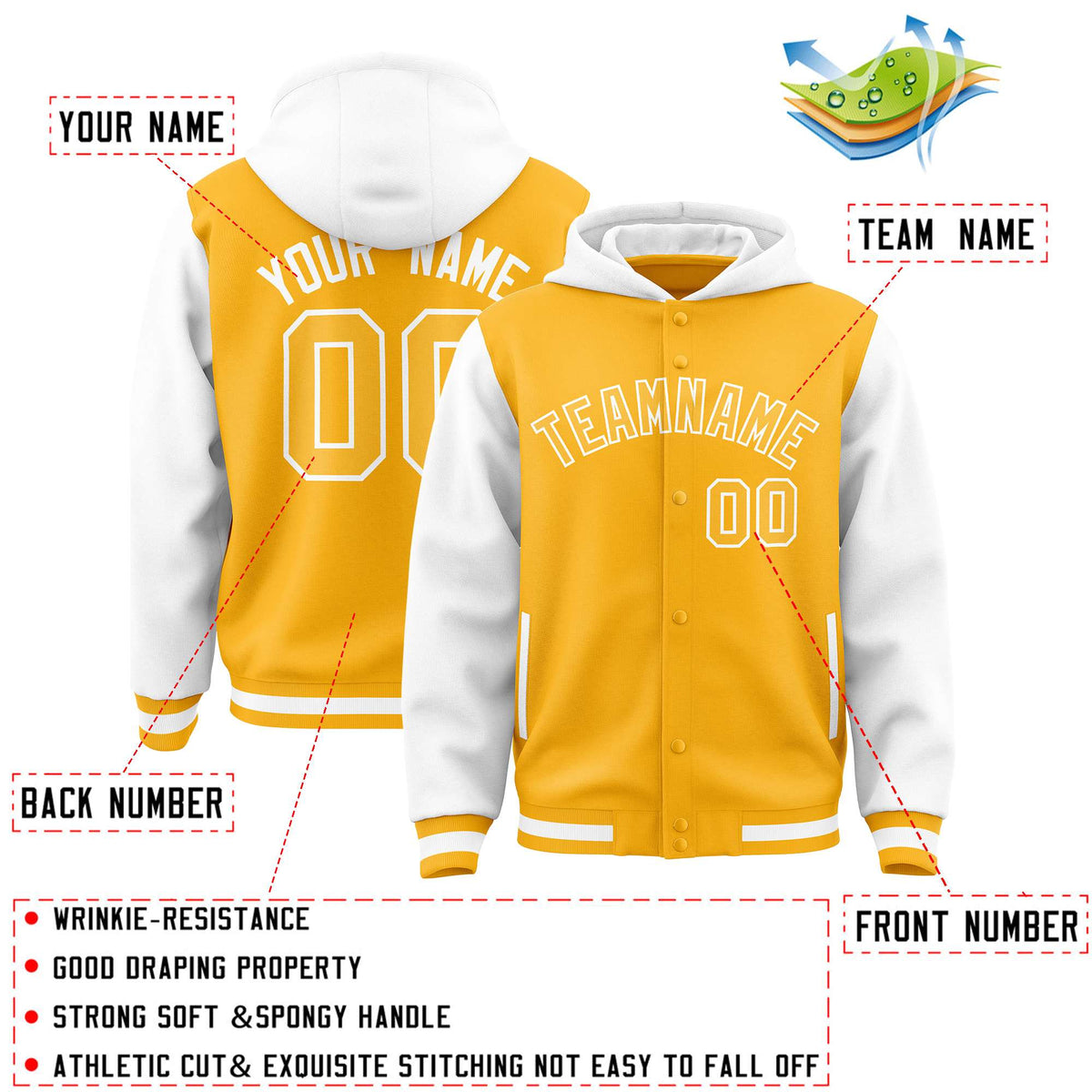 Custom Gold White Raglan Sleeves Varsity Full-Snap Letterman Two Tone Jacket Hoodie| KXKSHOP
