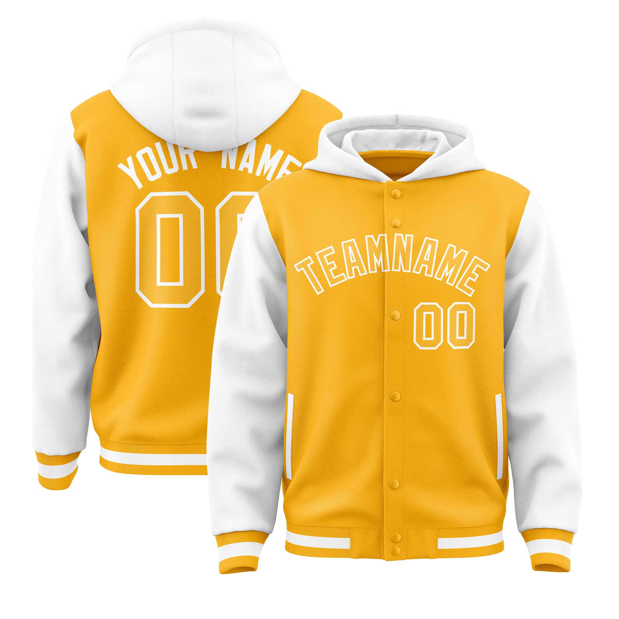 Custom Gold White Raglan Sleeves Varsity Full-Snap Letterman Two Tone Jacket Hoodie| KXKSHOP