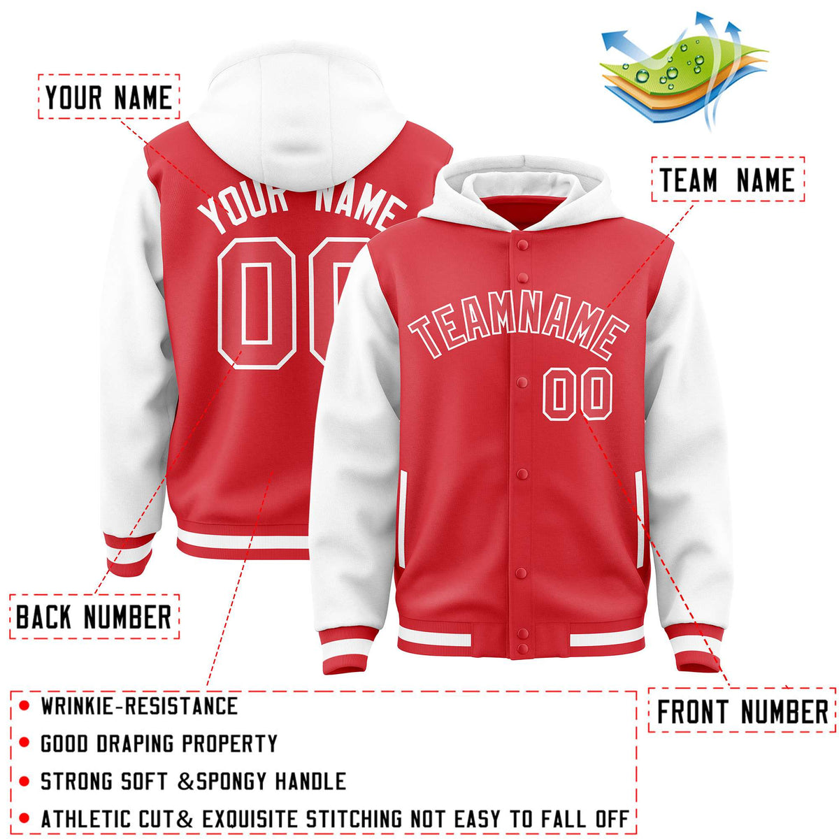 Custom Light Red White Raglan Sleeves Varsity Full-Snap Letterman Two Tone Jacket Hoodie| KXKSHOP