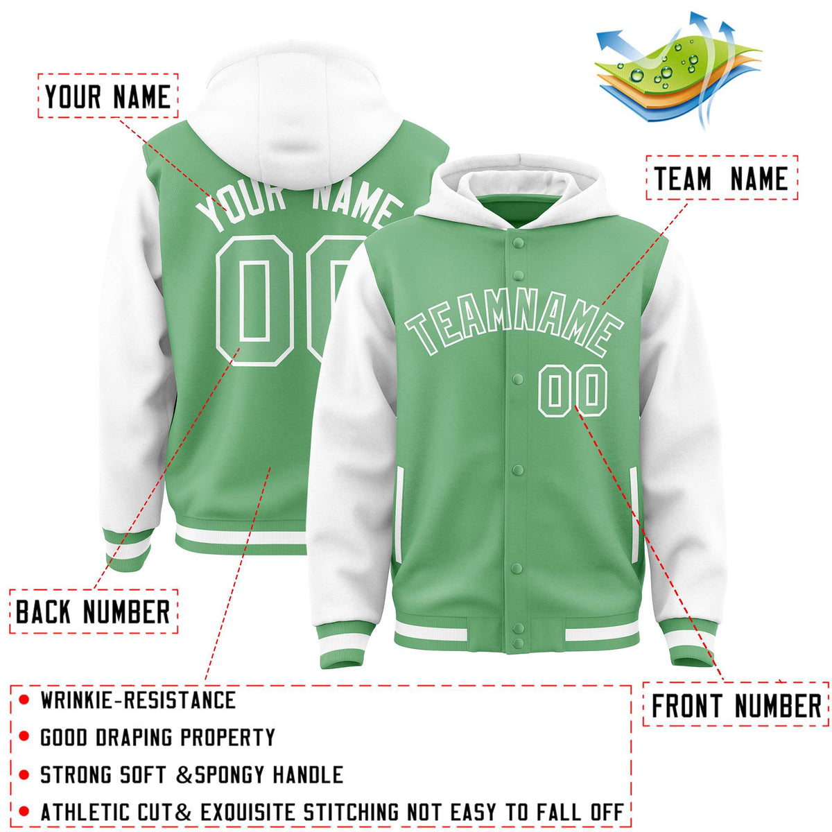Custom Green White Raglan Sleeves Varsity Full-Snap Letterman Two Tone Jacket Hoodie| KXKSHOP