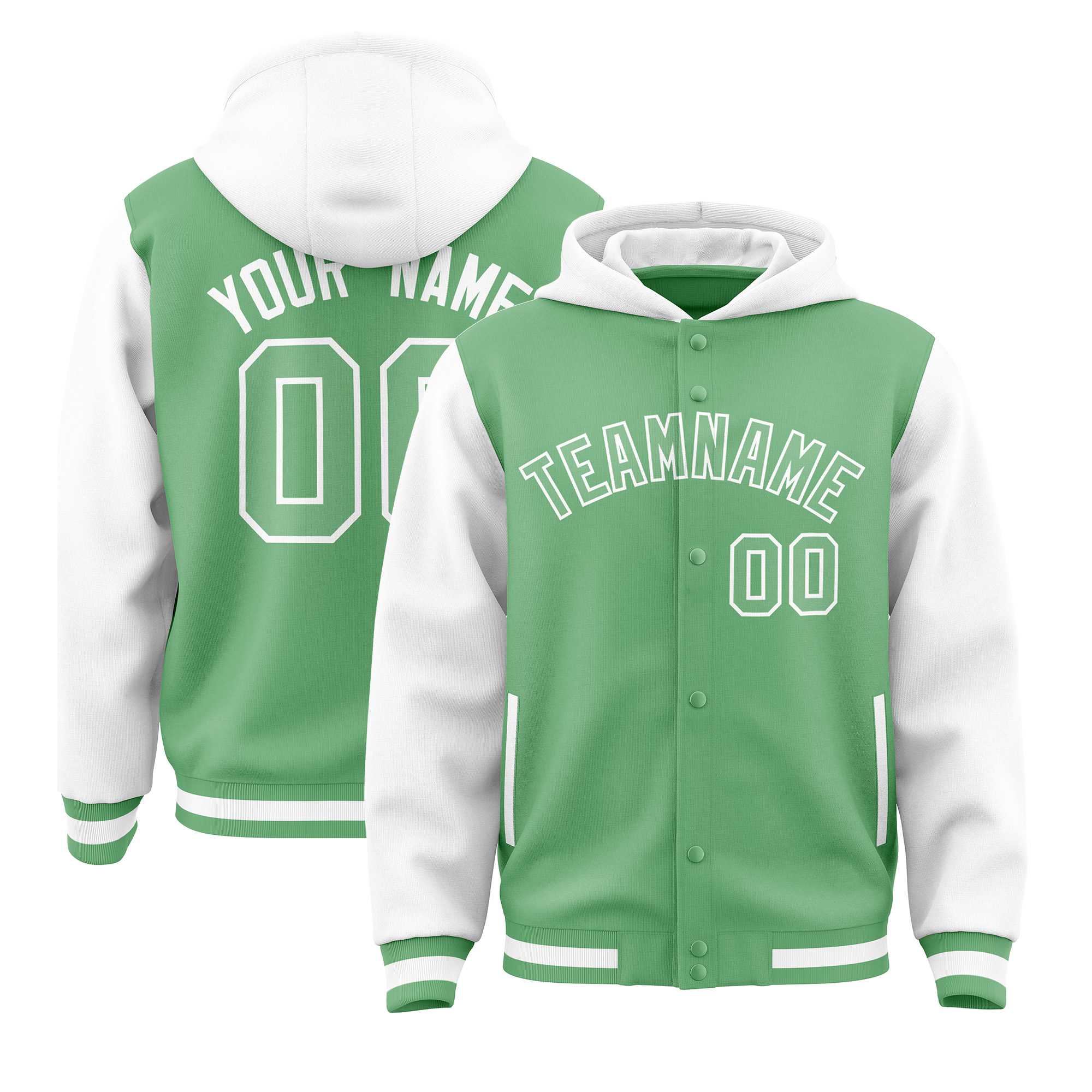 Custom Green White Raglan Sleeves Varsity Full-Snap Letterman Two Tone Jacket Hoodie| KXKSHOP