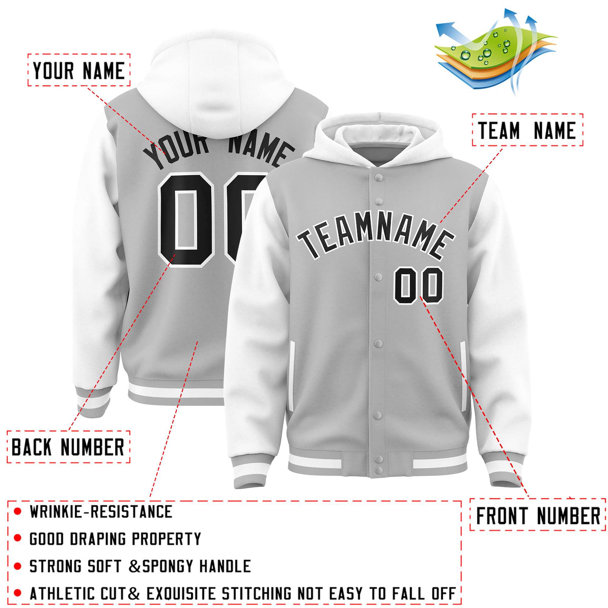 Custom Gray White Raglan Sleeves Varsity Full-Snap Letterman Two Tone Jacket Hoodie| KXKSHOP