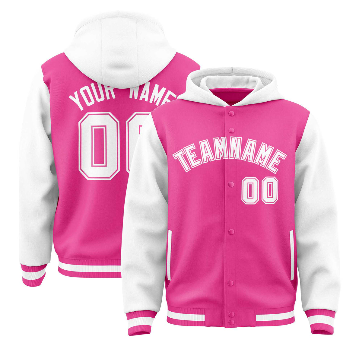 Custom Pink White Raglan Sleeves Varsity Full-Snap Letterman Two Tone Jacket Hoodie| KXKSHOP