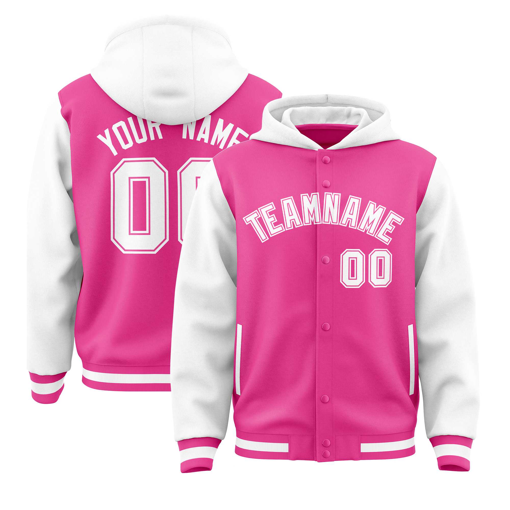 Custom Pink White Raglan Sleeves Varsity Full-Snap Letterman Two Tone Jacket Hoodie| KXKSHOP