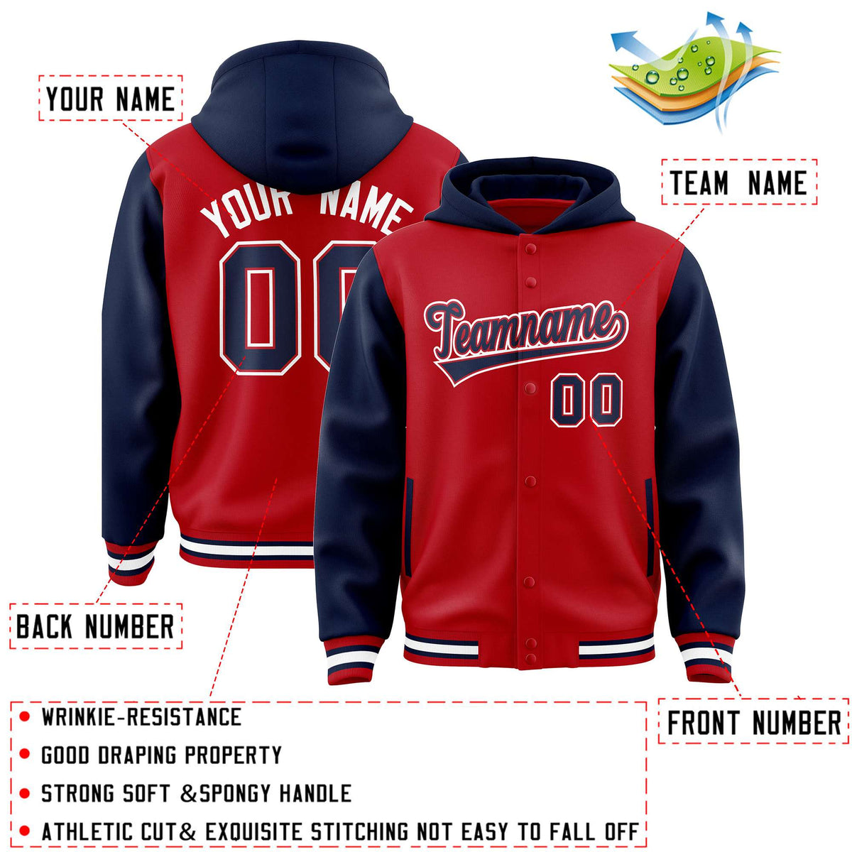 Custom Red Navy Raglan Sleeves Varsity Full-Snap Letterman Two Tone Jacket Hoodie| KXKSHOP