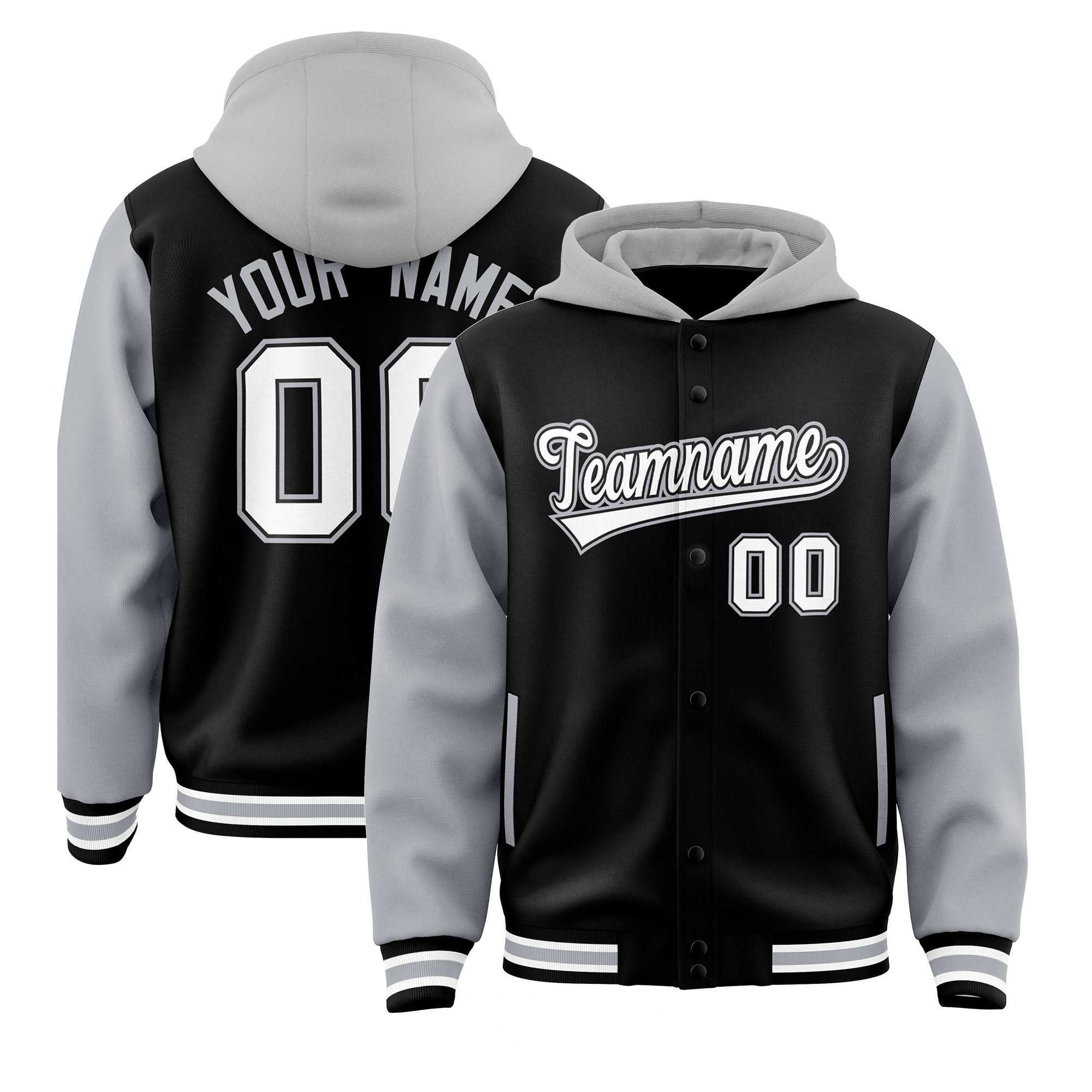 Custom Black Gray Raglan Sleeves Varsity Full-Snap Letterman Two Tone Jacket Hoodie| KXKSHOP