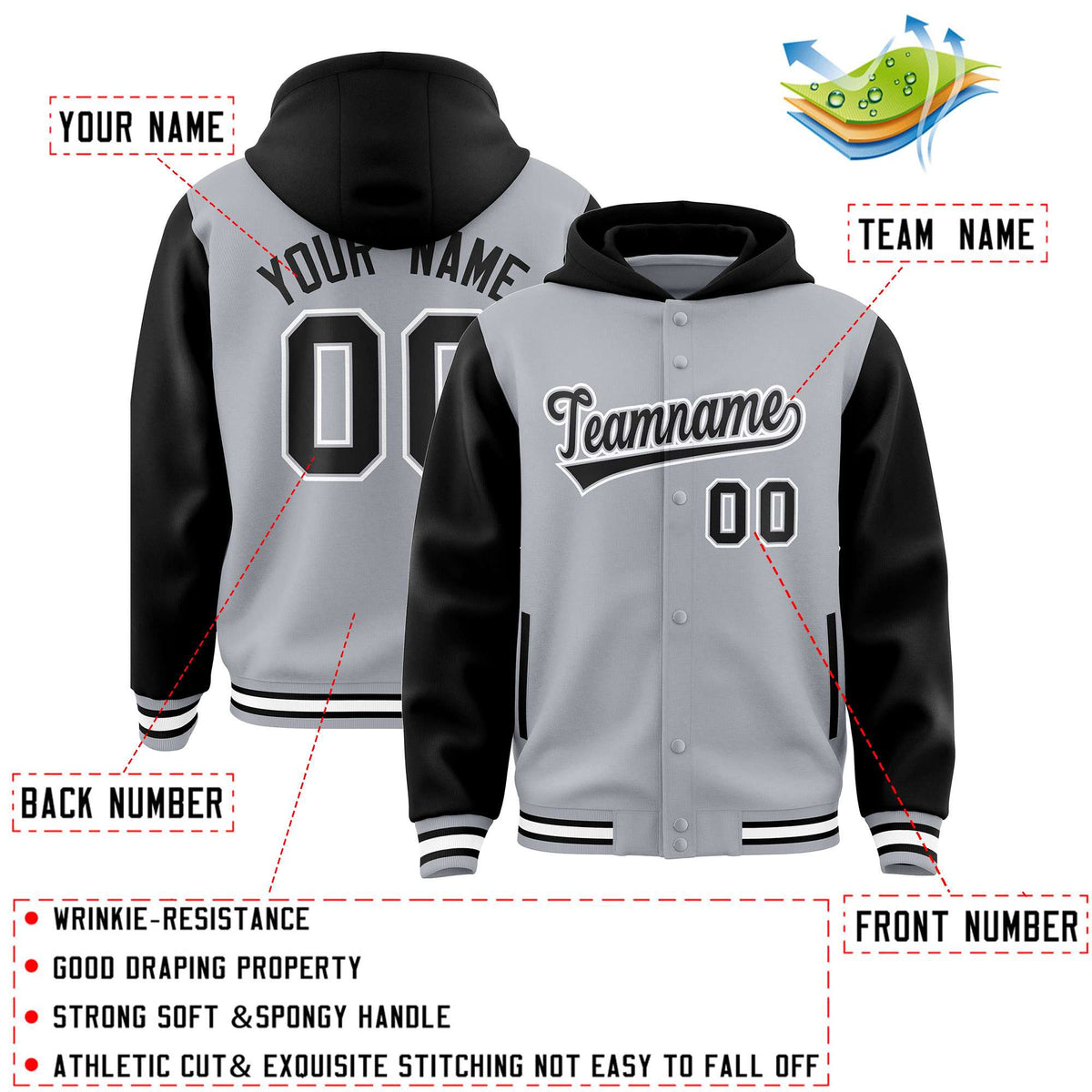 Custom Gray Black Raglan Sleeves Varsity Full-Snap Letterman Two Tone Jacket Hoodie| KXKSHOP