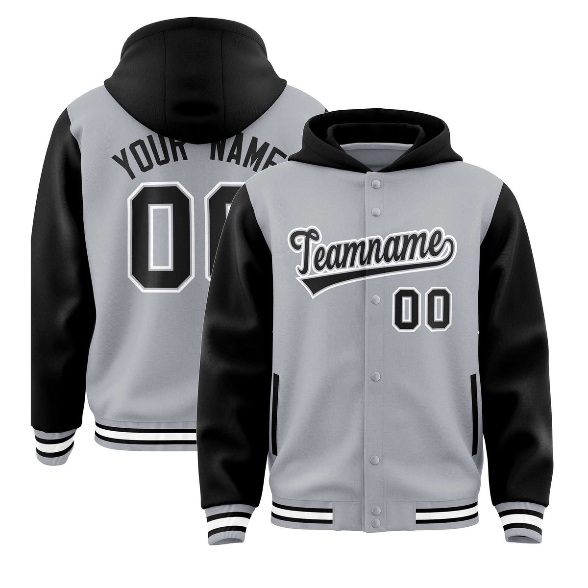 Custom Gray Black Raglan Sleeves Varsity Full-Snap Letterman Two Tone Jacket Hoodie| KXKSHOP