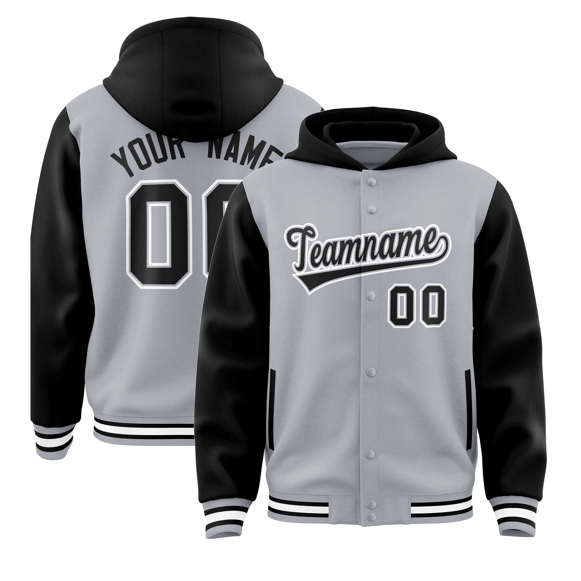 Custom Gray Black Raglan Sleeves Varsity Full-Snap Letterman Two Tone Jacket Hoodie| KXKSHOP