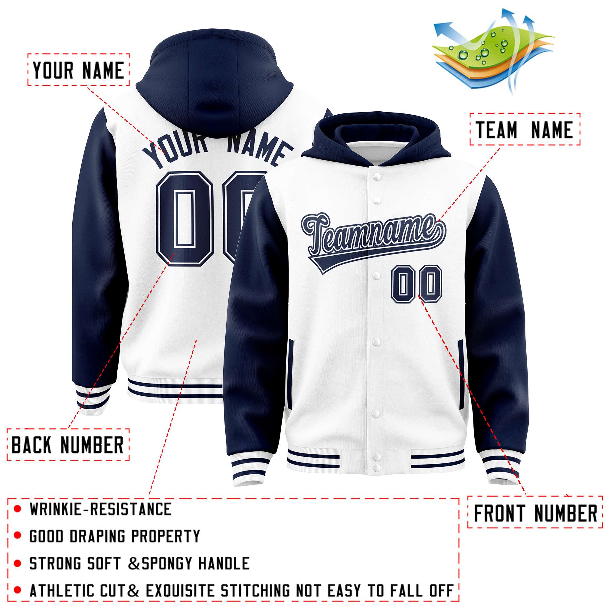 Custom White Navy Raglan Sleeves Varsity Full-Snap Letterman Two Tone Jacket Hoodie| KXKSHOP