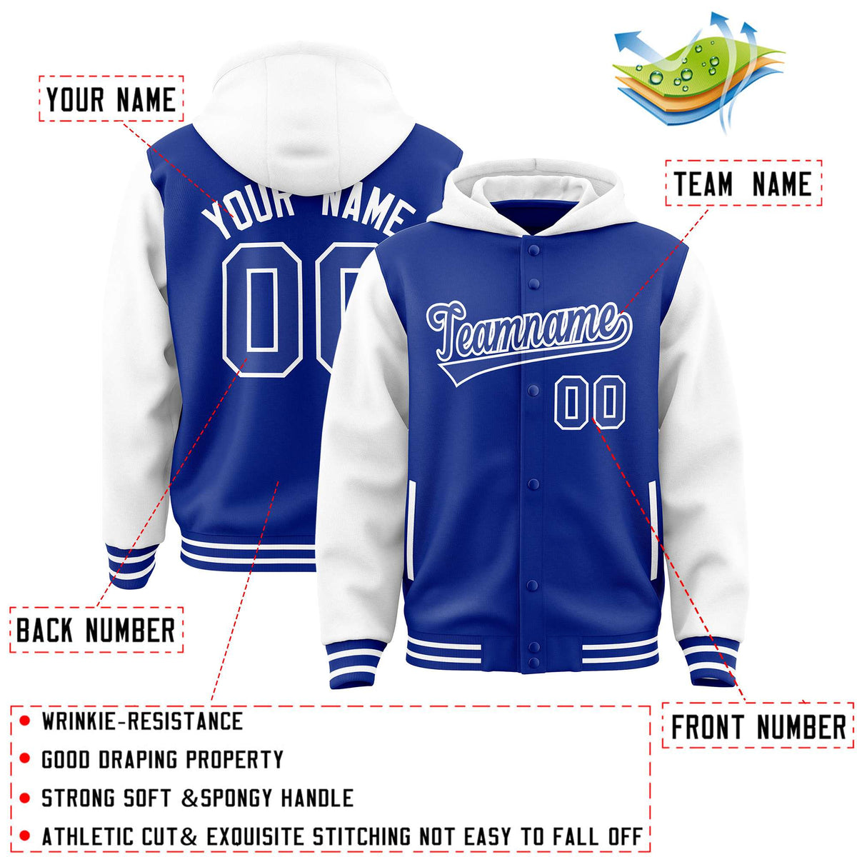 Custom Royal White Raglan Sleeves Varsity Full-Snap Letterman Two Tone Jacket Hoodie| KXKSHOP