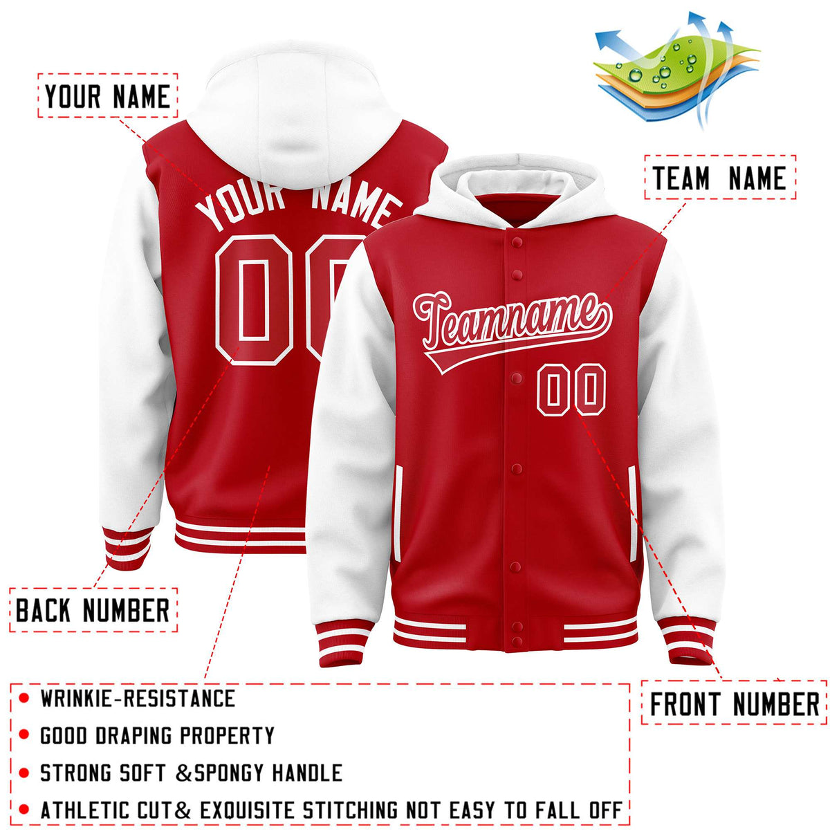 Custom Red White Raglan Sleeves Varsity Full-Snap Letterman Two Tone Jacket Hoodie| KXKSHOP