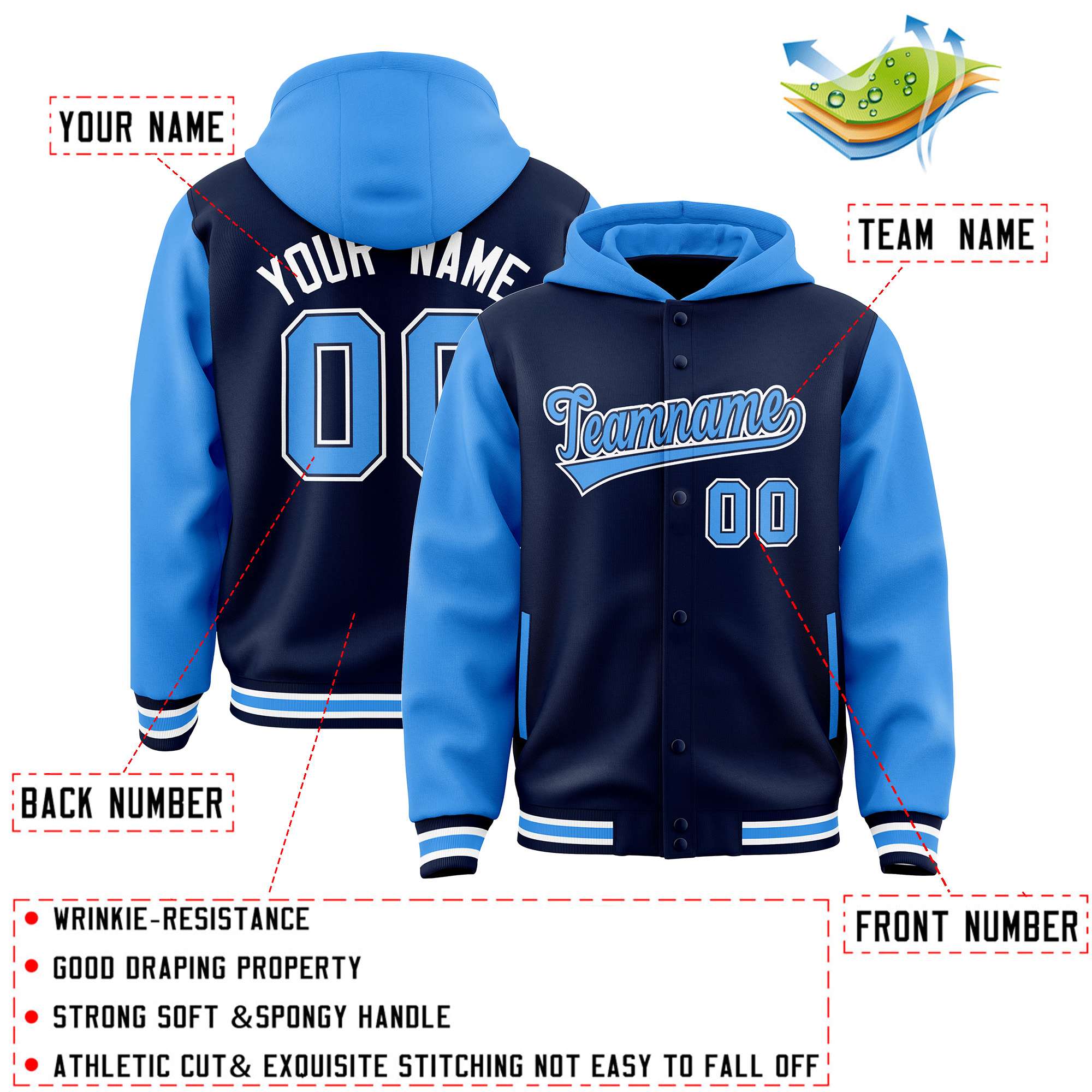 Custom Navy Powder Blue Raglan Sleeves Varsity Full-Snap Letterman Two Tone Jacket Hoodie| KXKSHOP
