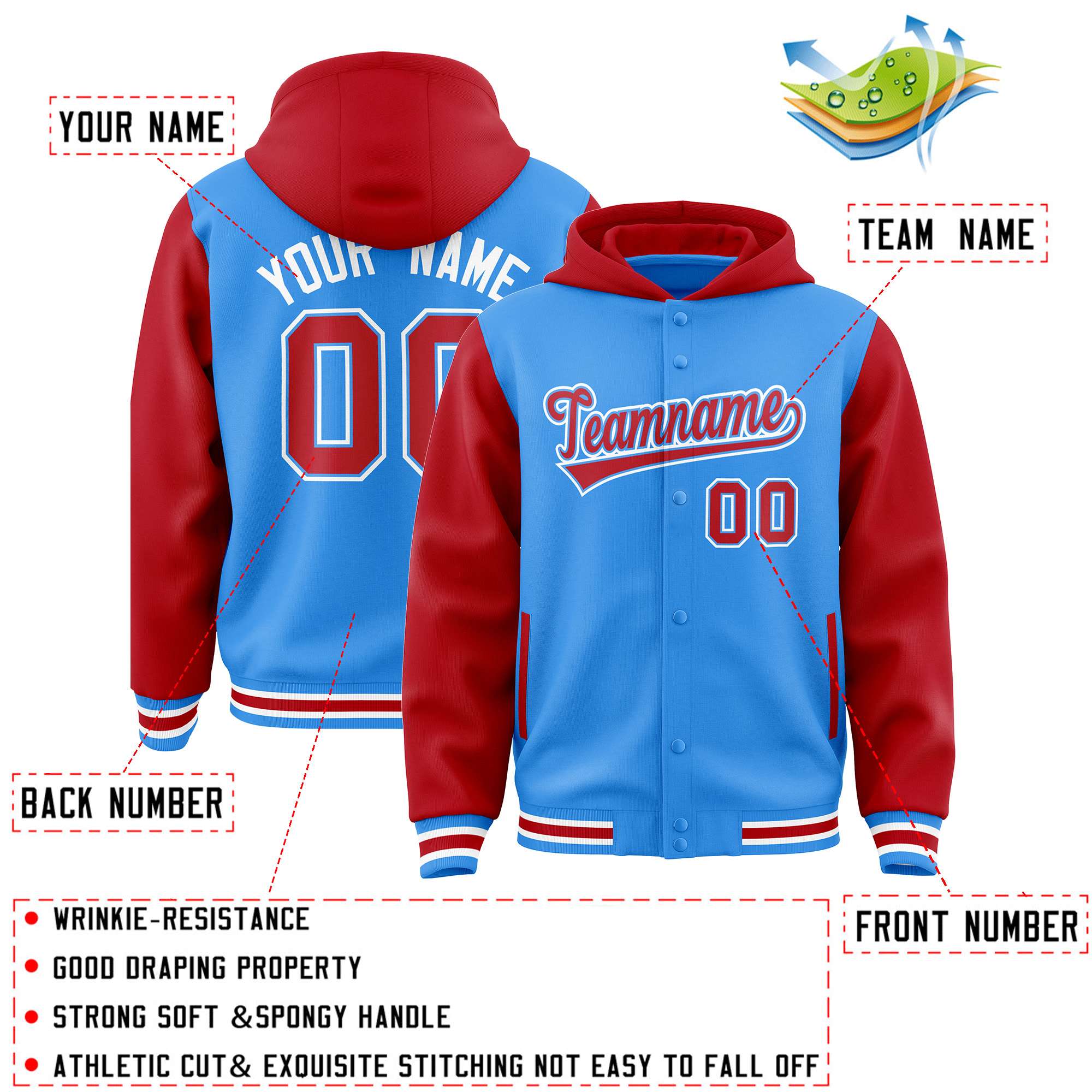 Custom Powder Blue Red Raglan Sleeves Varsity Full-Snap Letterman Two Tone Jacket Hoodie| KXKSHOP