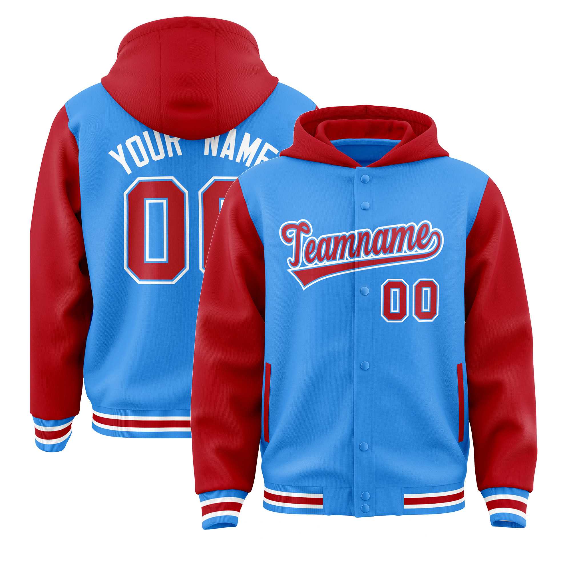 Custom Powder Blue Red Raglan Sleeves Varsity Full-Snap Letterman Two Tone Jacket Hoodie| KXKSHOP