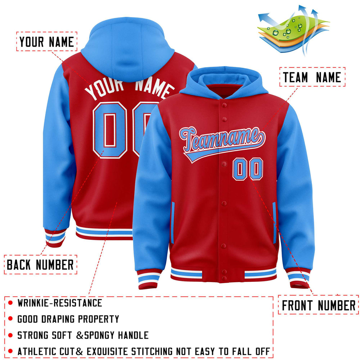 Custom Red Powder Blue Raglan Sleeves Varsity Full-Snap Letterman Two Tone Jacket Hoodie| KXKSHOP