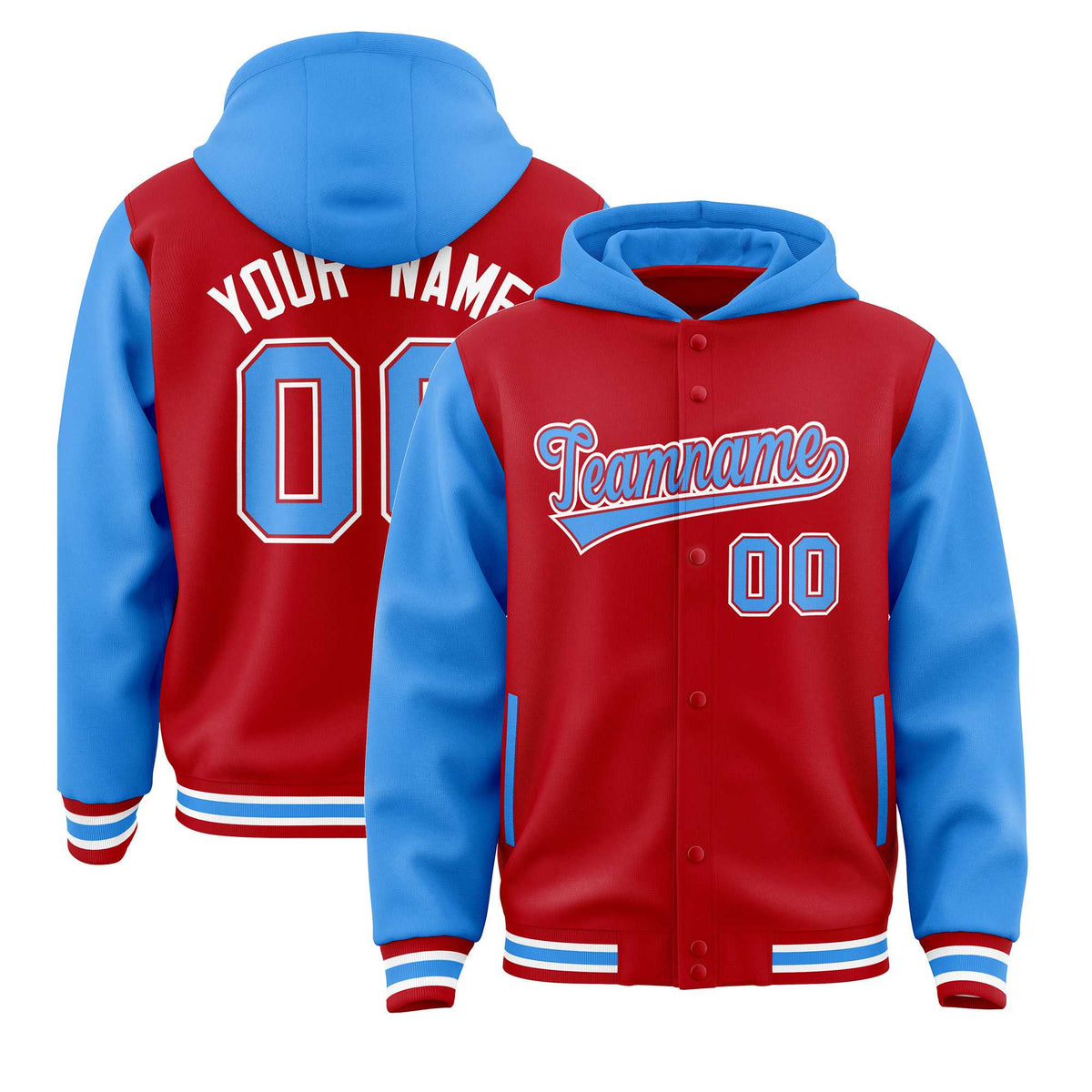 Custom Red Powder Blue Raglan Sleeves Varsity Full-Snap Letterman Two Tone Jacket Hoodie| KXKSHOP
