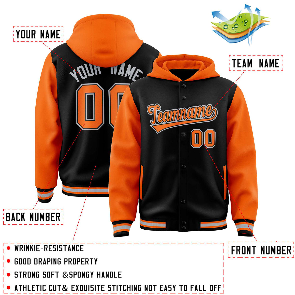 Custom Black Orange Raglan Sleeves Varsity Full-Snap Letterman Two Tone Jacket Hoodie| KXKSHOP