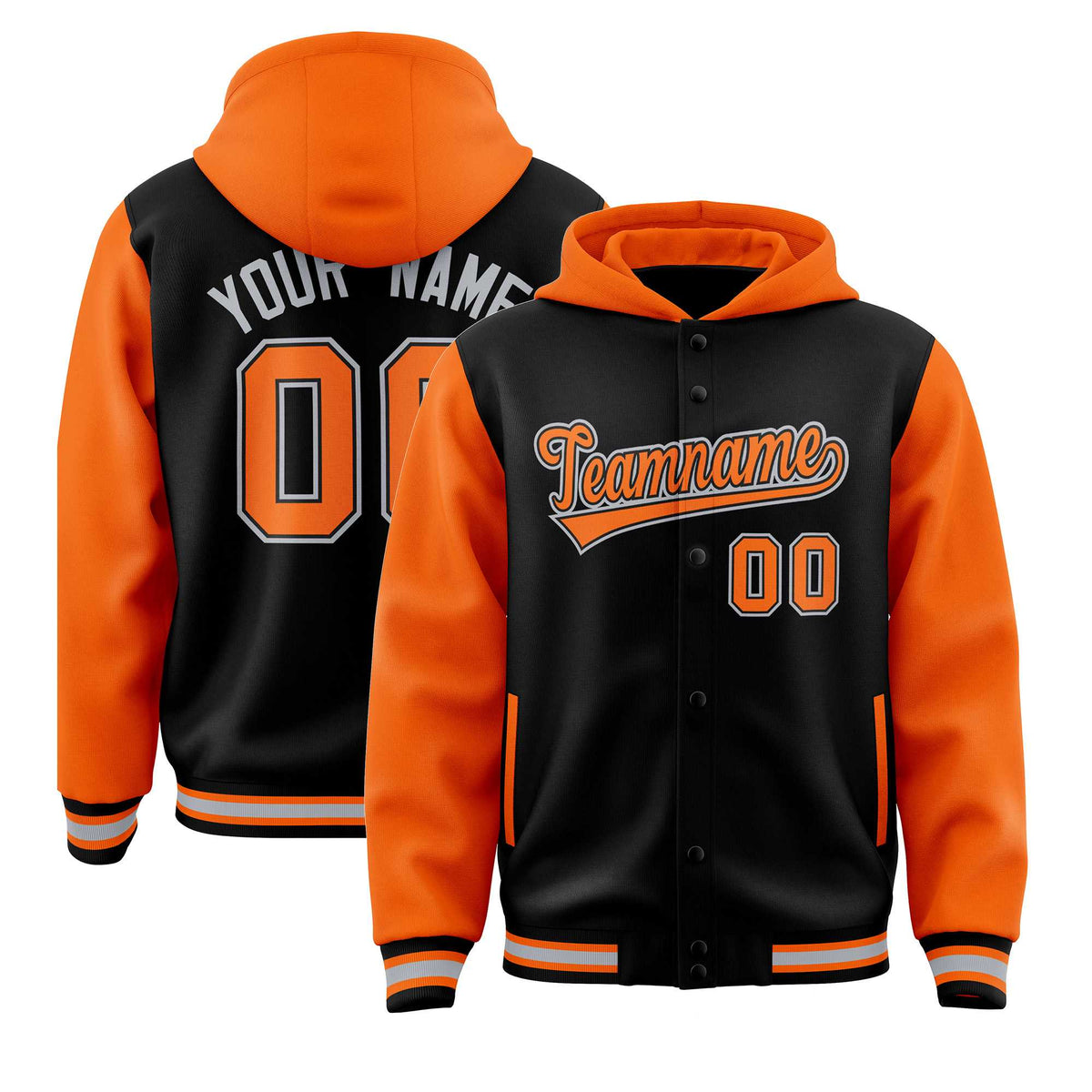Custom Black Orange Raglan Sleeves Varsity Full-Snap Letterman Two Tone Jacket Hoodie| KXKSHOP