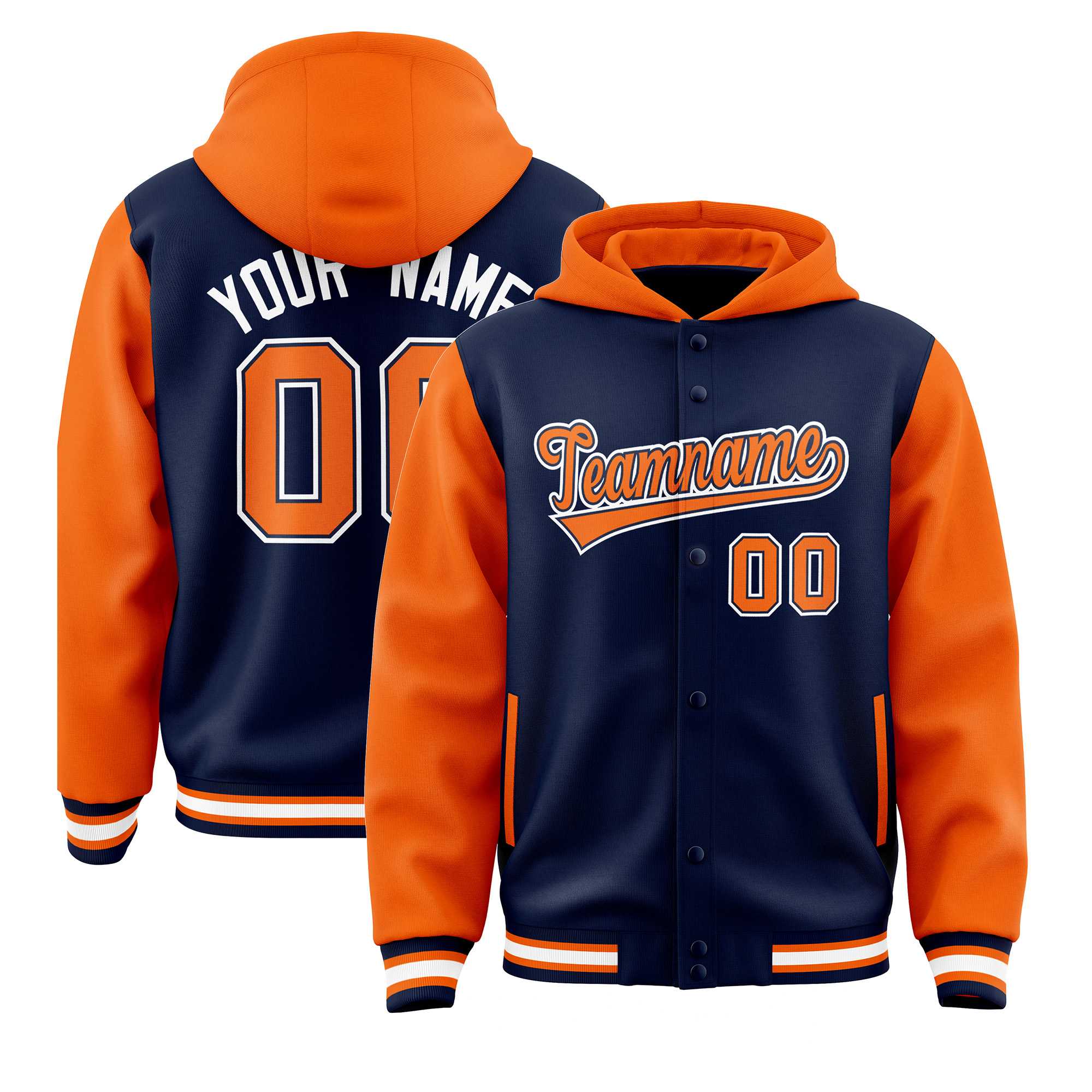 Custom Navy Orange Raglan Sleeves Varsity Full-Snap Letterman Two Tone Jacket Hoodie| KXKSHOP