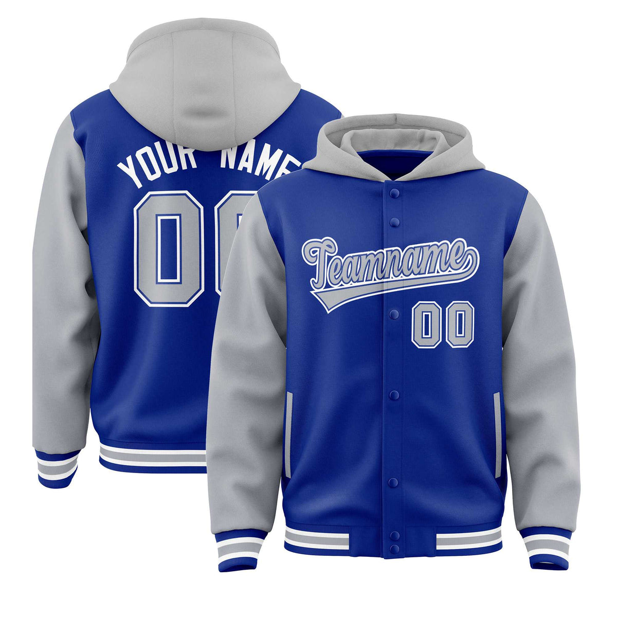 Custom Royal Gray Raglan Sleeves Varsity Full-Snap Letterman Two Tone Jacket Hoodie| KXKSHOP