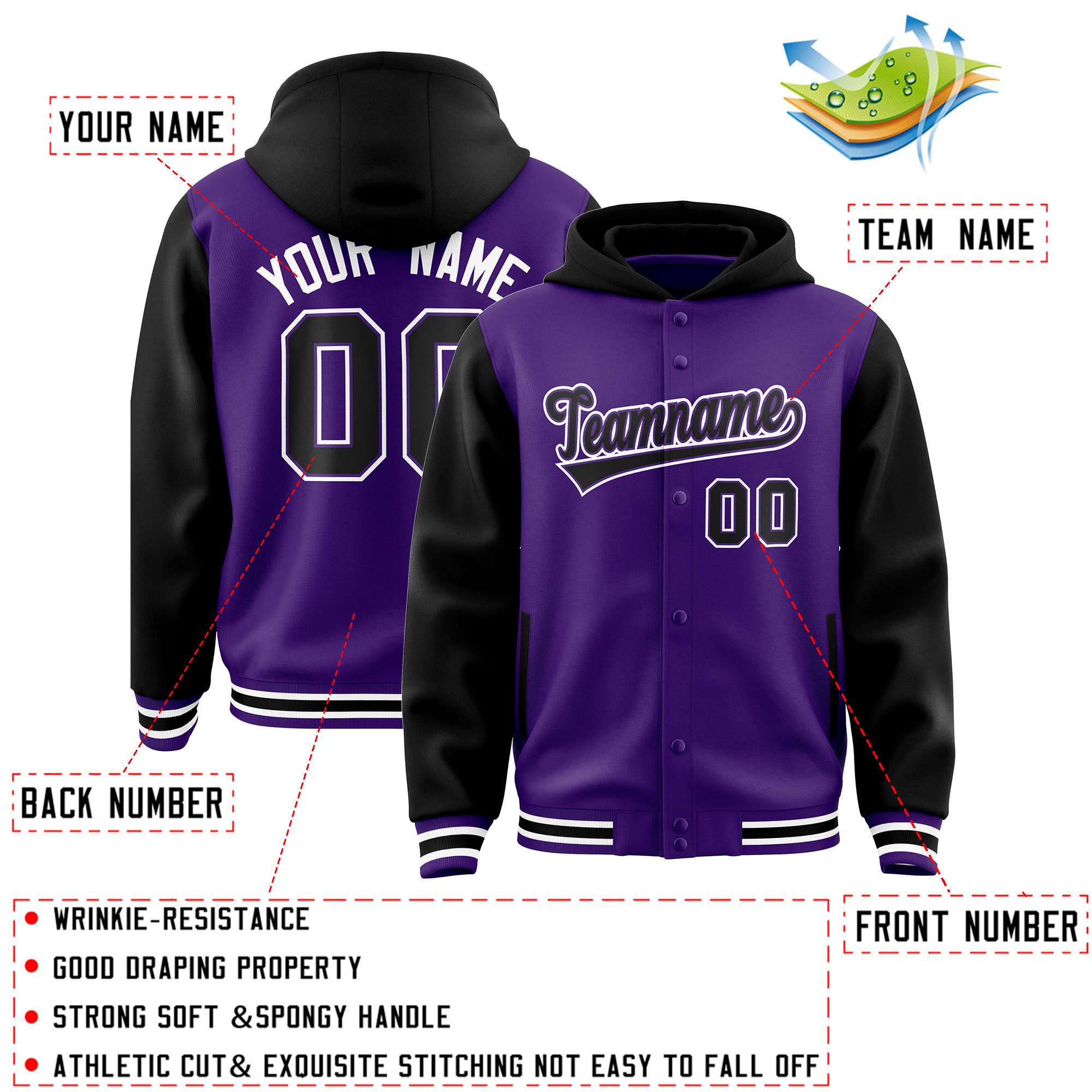 Custom Purple Black Raglan Sleeves Varsity Full-Snap Letterman Two Tone Jacket Hoodie| KXKSHOP