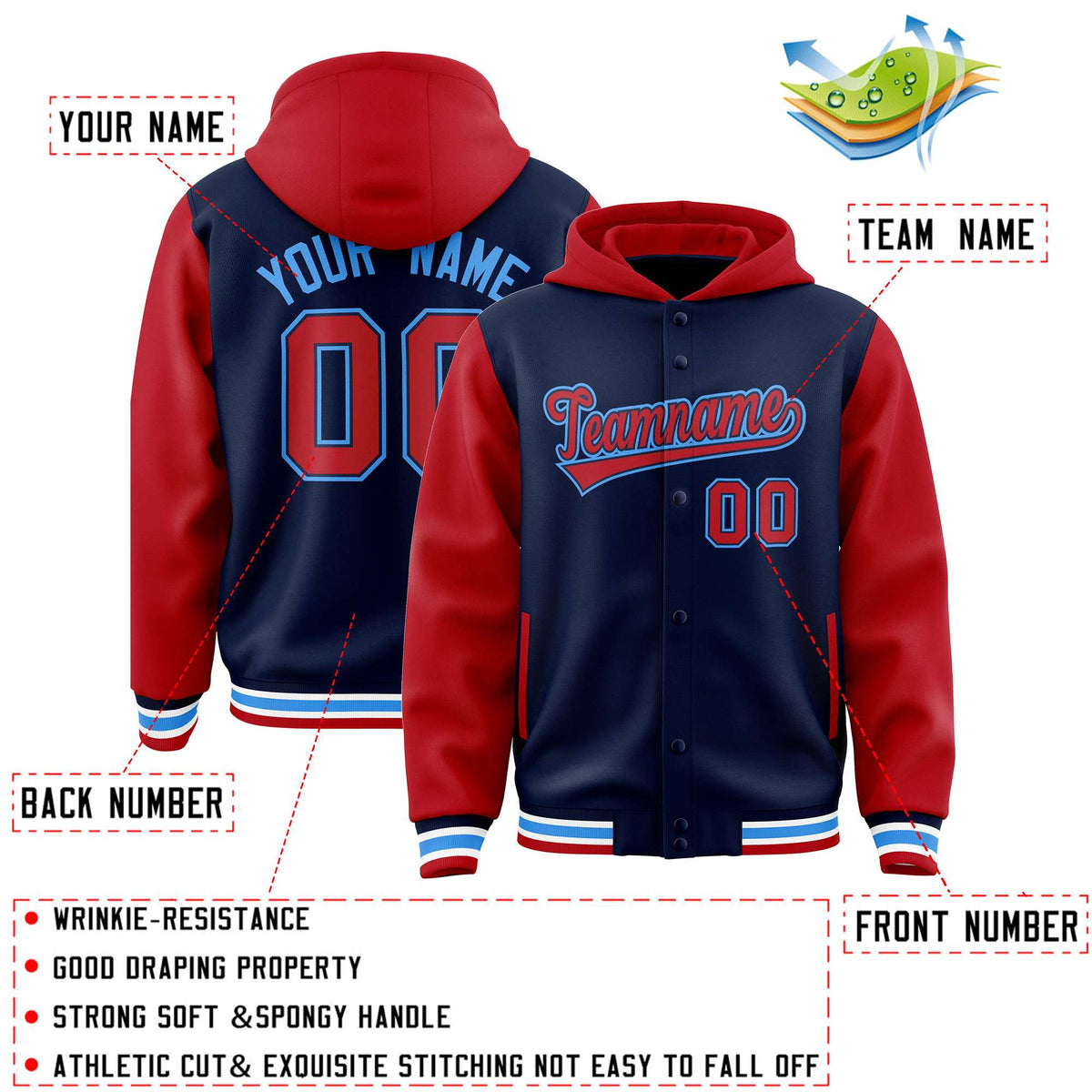 Custom Navy Red Raglan Sleeves Varsity Full-Snap Letterman Two Tone Jacket Hoodie| KXKSHOP