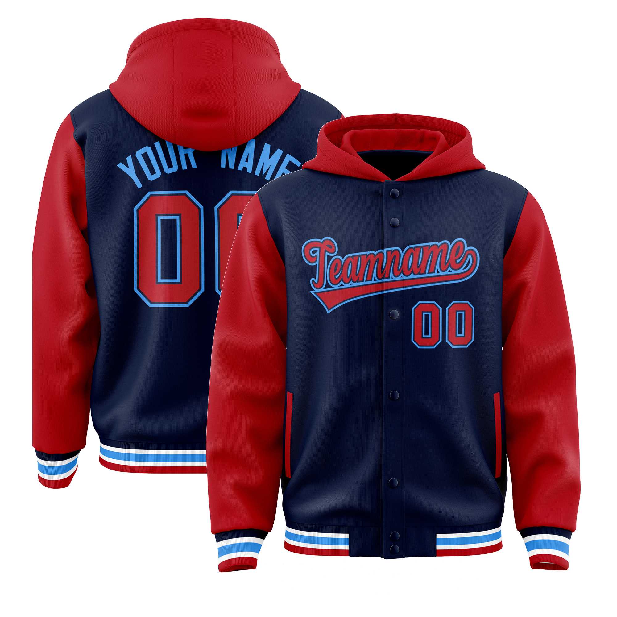 Custom Navy Red Raglan Sleeves Varsity Full-Snap Letterman Two Tone Jacket Hoodie| KXKSHOP