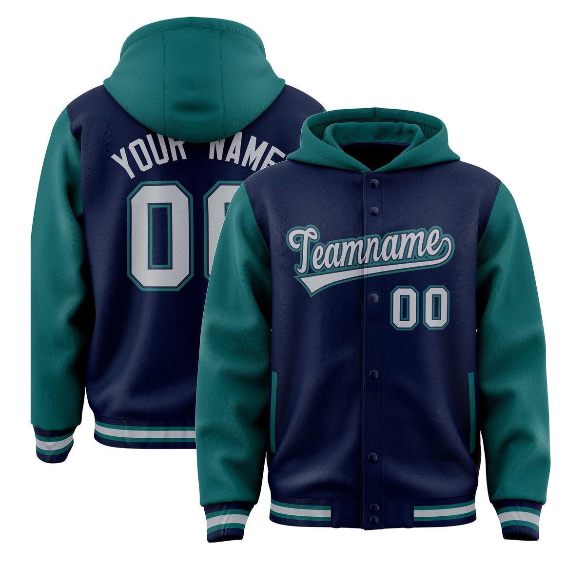 Custom Navy Aqua Raglan Sleeves Varsity Full-Snap Letterman Two Tone Jacket Hoodie| KXKSHOP