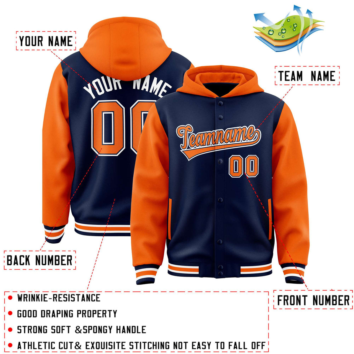Custom Navy Orange Raglan Sleeves Varsity Full-Snap Letterman Two Tone Jacket Hoodie| KXKSHOP