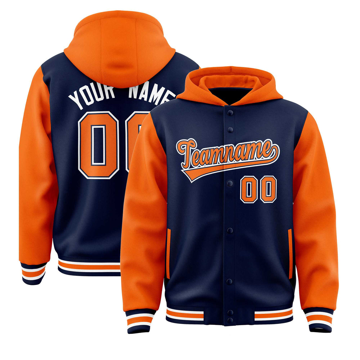 Custom Navy Orange Raglan Sleeves Varsity Full-Snap Letterman Two Tone Jacket Hoodie| KXKSHOP