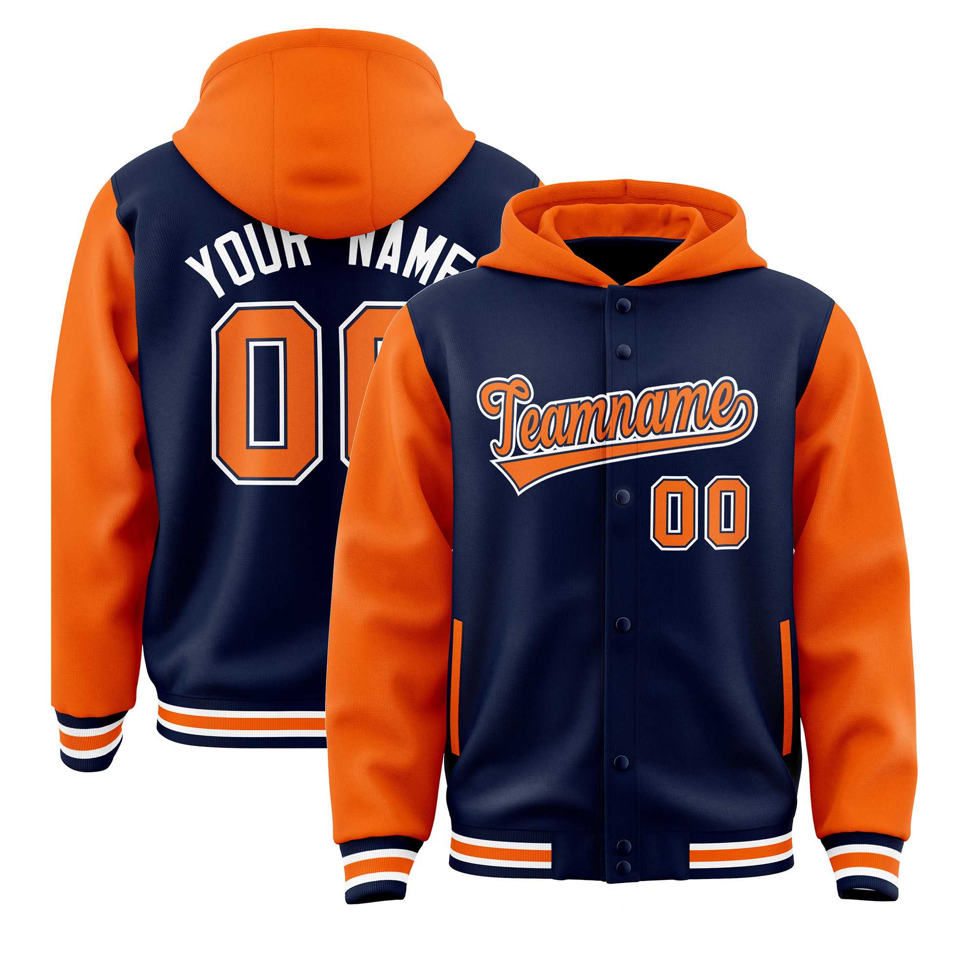 Custom Navy Orange Raglan Sleeves Varsity Full-Snap Letterman Two Tone Jacket Hoodie| KXKSHOP
