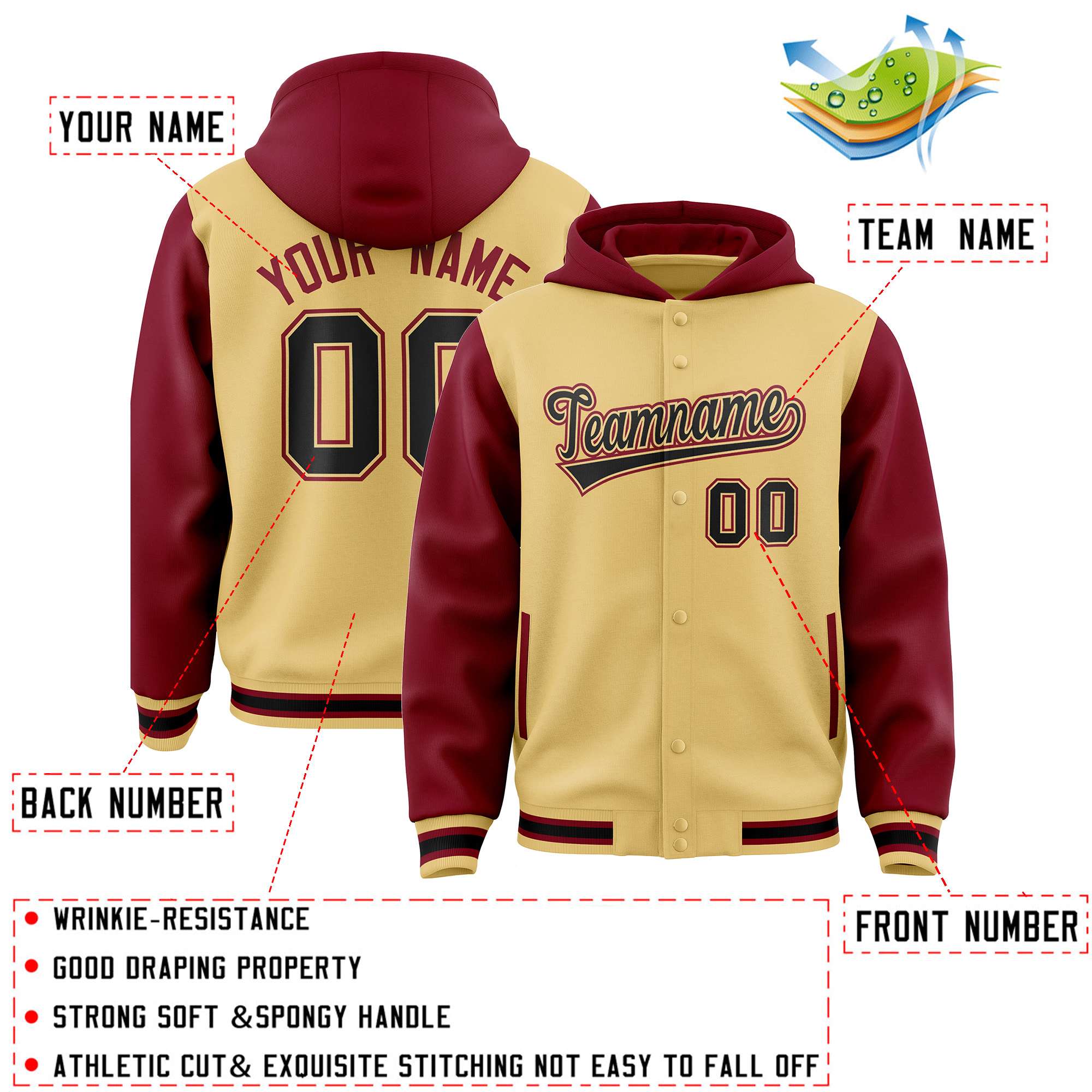 Custom Khaki Crimson Raglan Sleeves Varsity Full-Snap Letterman Two Tone Jacket Hoodie| KXKSHOP