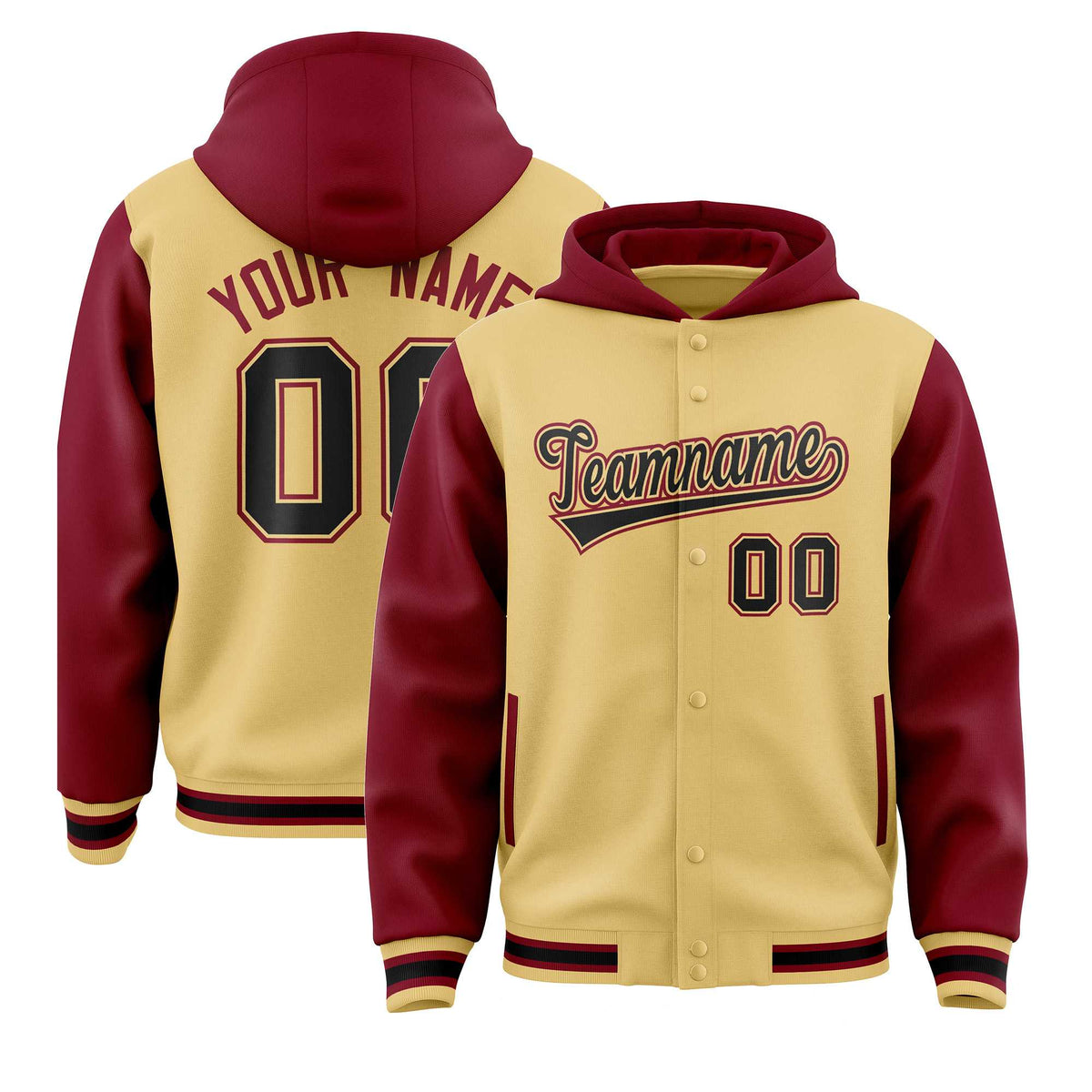 Custom Khaki Crimson Raglan Sleeves Varsity Full-Snap Letterman Two Tone Jacket Hoodie| KXKSHOP