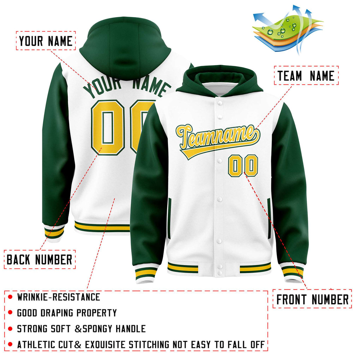 Custom White Green Raglan Sleeves Varsity Full-Snap Letterman Two Tone Jacket Hoodie| KXKSHOP