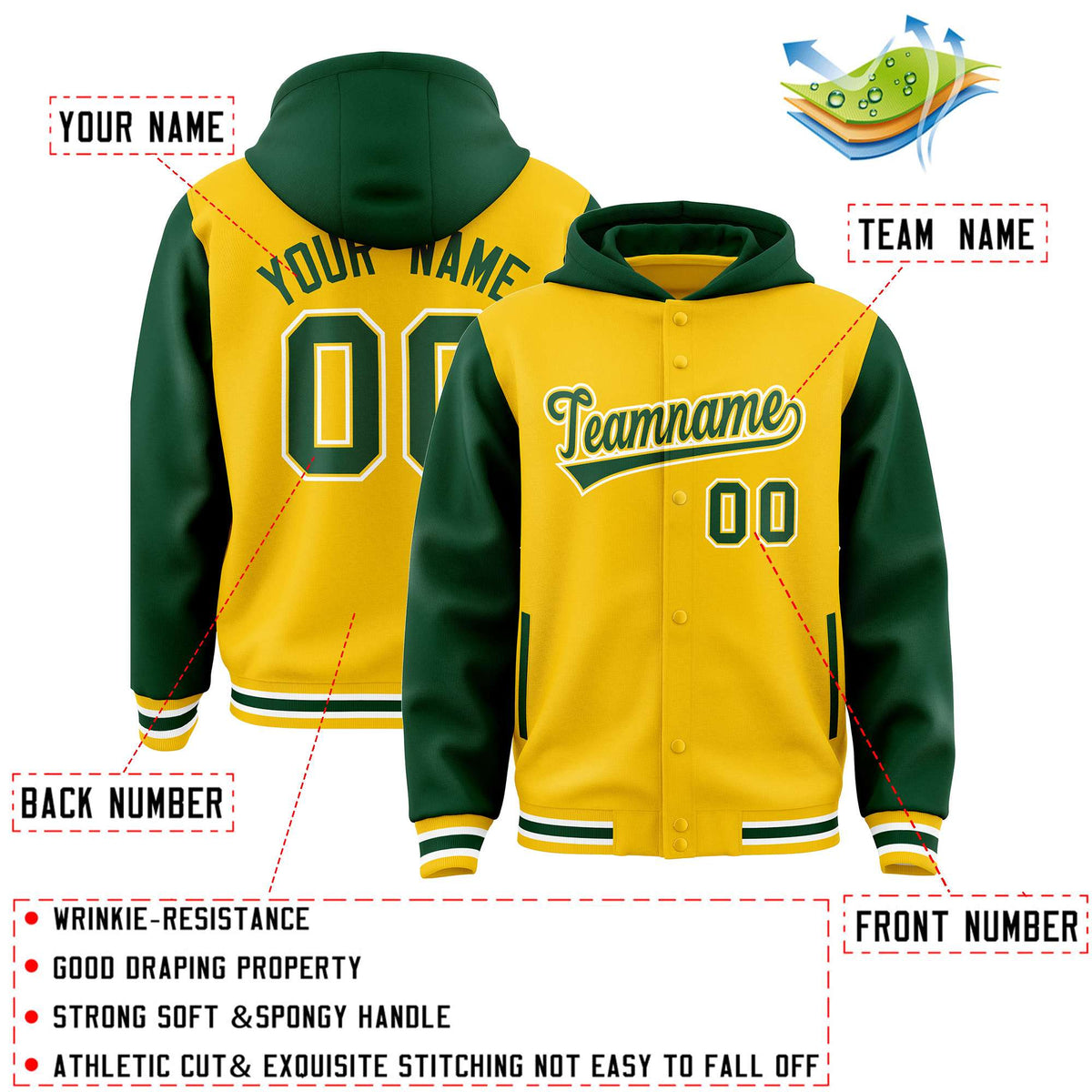 Custom Gold Green Raglan Sleeves Varsity Full-Snap Letterman Two Tone Jacket Hoodie| KXKSHOP