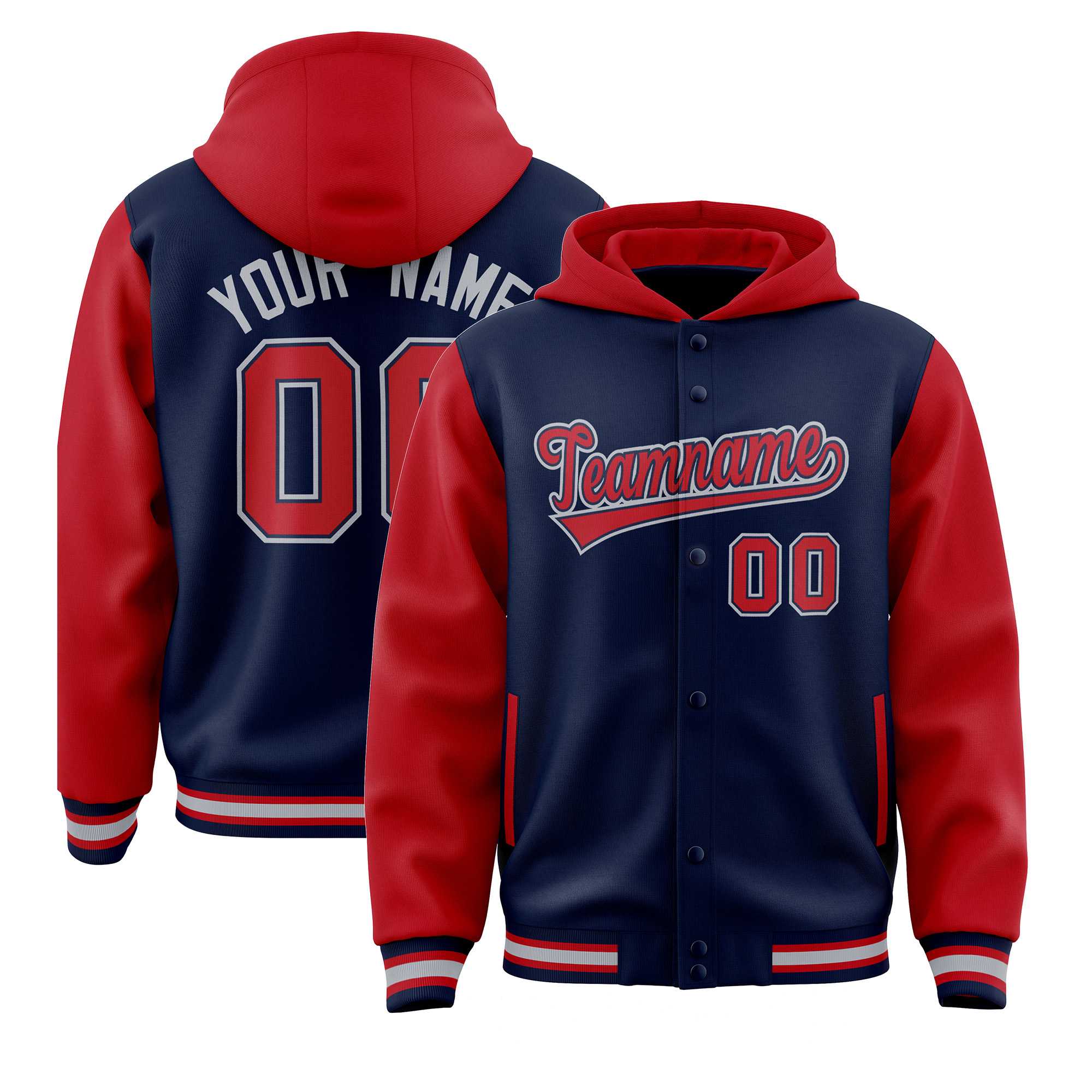 Custom Navy Red Raglan Sleeves Varsity Full-Snap Letterman Two Tone Jacket Hoodie| KXKSHOP