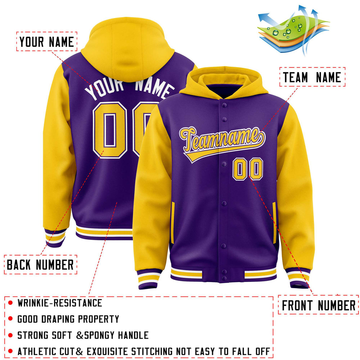 Custom Purple Gold Raglan Sleeves Varsity Full-Snap Letterman Two Tone Jacket Hoodie| KXKSHOP
