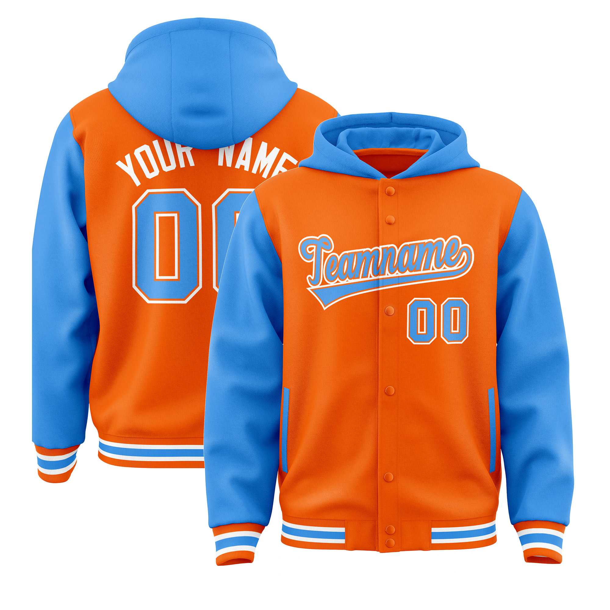 Custom Orange Powder Blue Raglan Sleeves Varsity Full-Snap Letterman Two Tone Jacket Hoodie| KXKSHOP