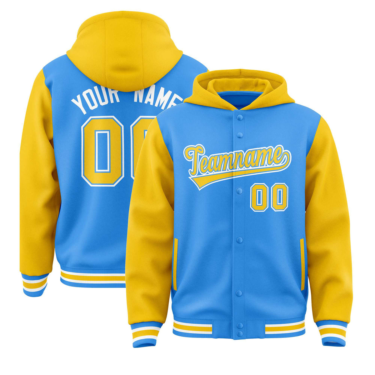 Custom Powder Blue Gold Raglan Sleeves Varsity Full-Snap Letterman Two Tone Jacket Hoodie| KXKSHOP