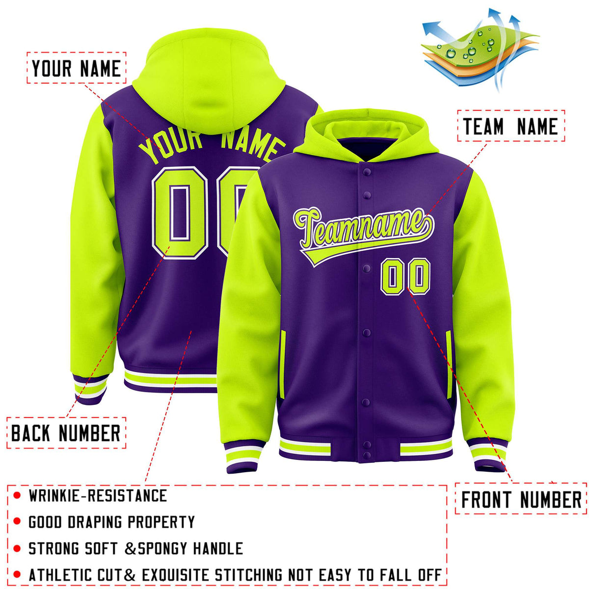 Custom Purple Neon Green Raglan Sleeves Varsity Full-Snap Letterman Two Tone Jacket Hoodie| KXKSHOP