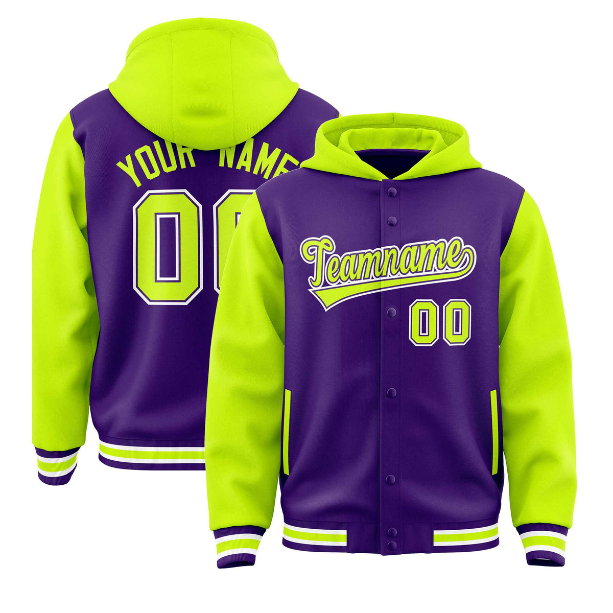 Custom Purple Neon Green Raglan Sleeves Varsity Full-Snap Letterman Two Tone Jacket Hoodie| KXKSHOP