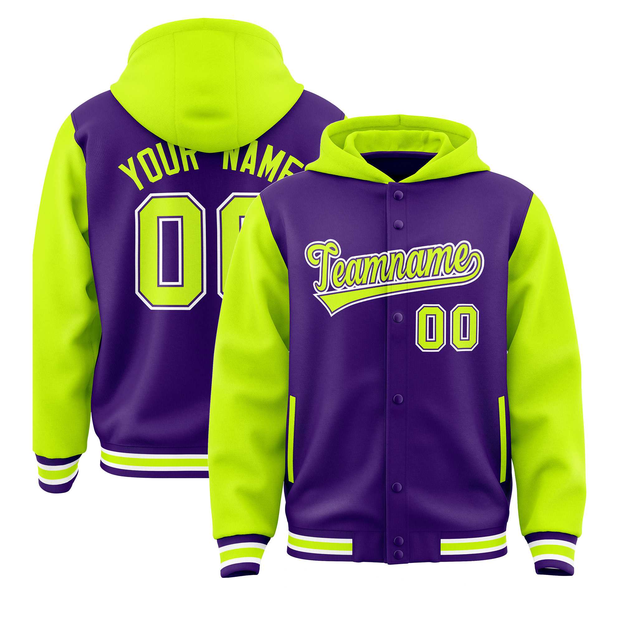 Custom Purple Neon Green Raglan Sleeves Varsity Full-Snap Letterman Two Tone Jacket Hoodie| KXKSHOP