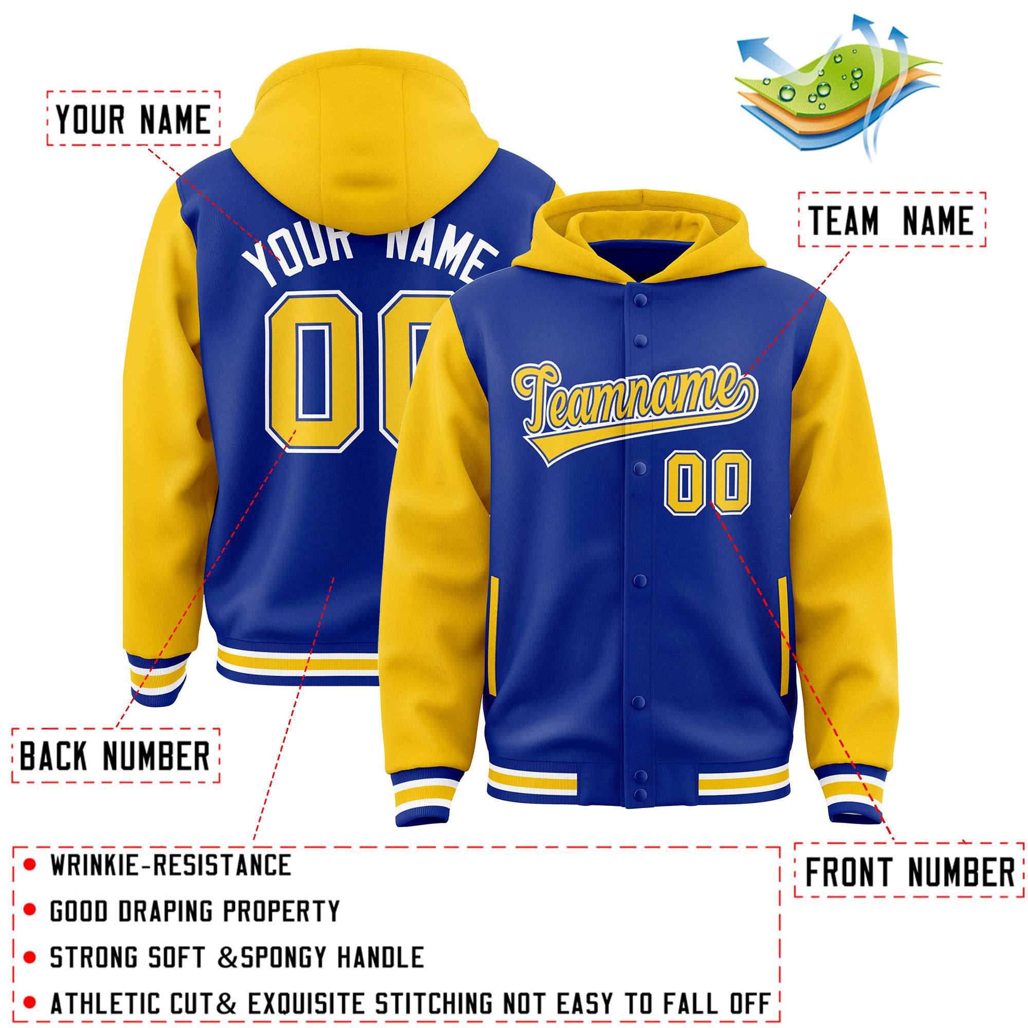 Custom Royal Gold Raglan Sleeves Varsity Full-Snap Letterman Two Tone Jacket Hoodie| KXKSHOP