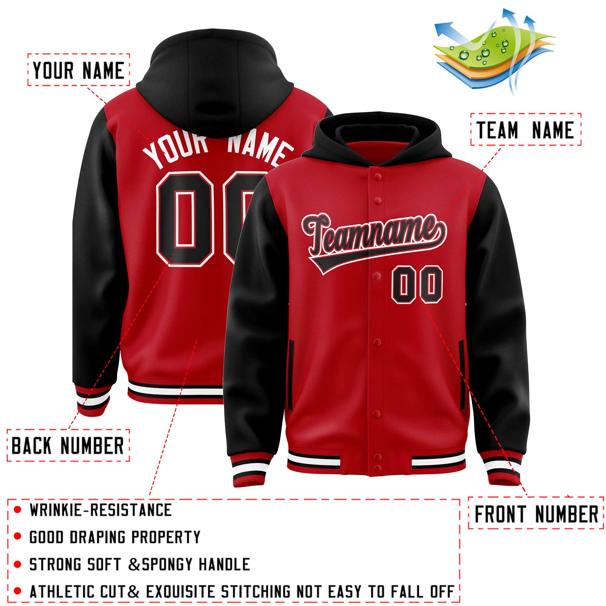 Custom Red Black Raglan Sleeves Varsity Full-Snap Letterman Two Tone Jacket Hoodie| KXKSHOP
