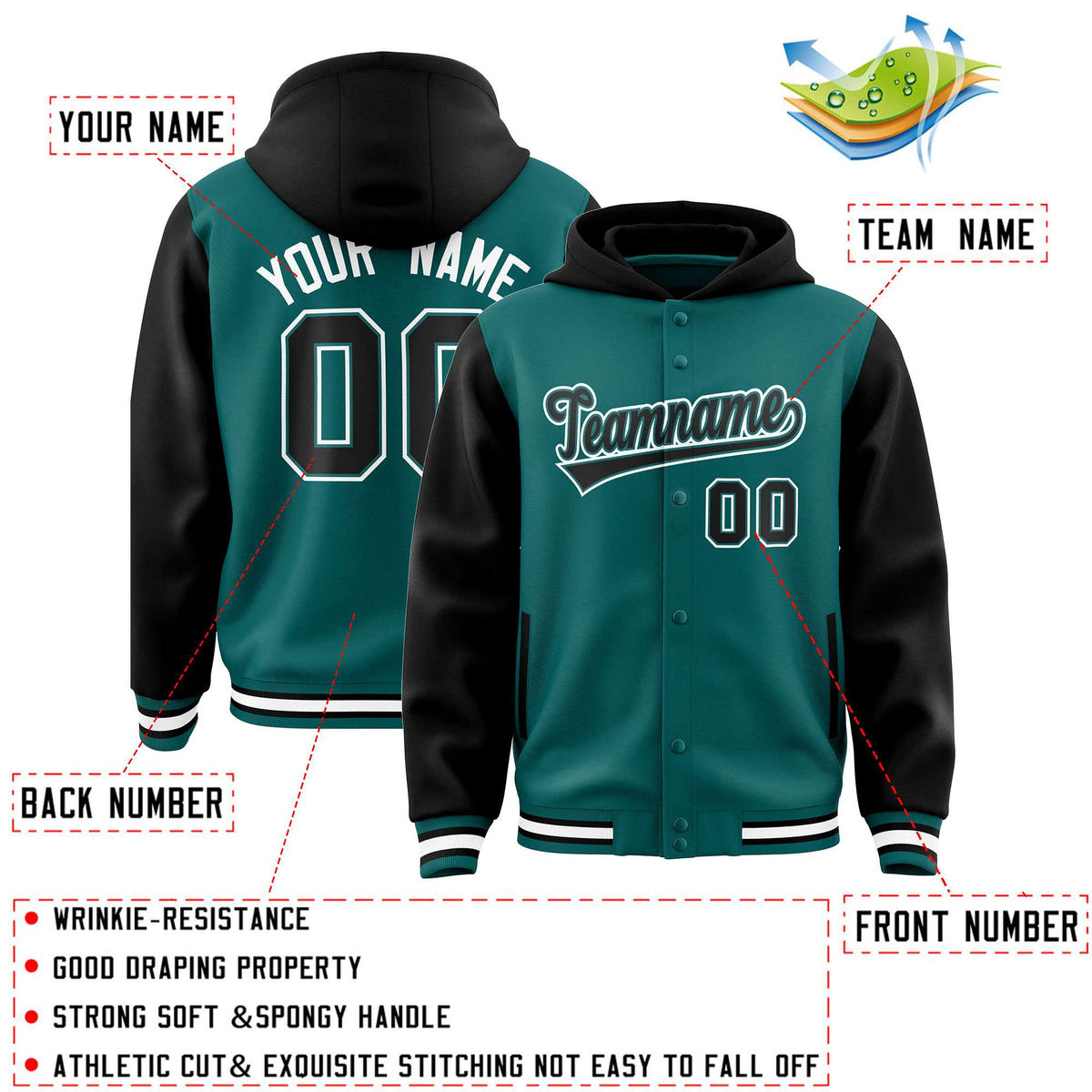 Custom Aqua Black Raglan Sleeves Varsity Full-Snap Letterman Two Tone Jacket Hoodie| KXKSHOP