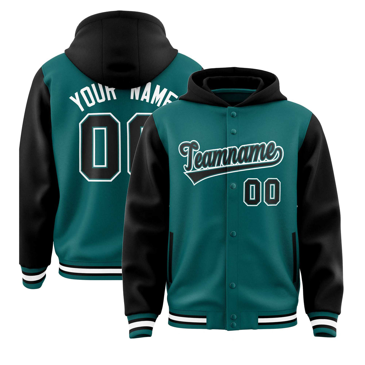 Custom Aqua Black Raglan Sleeves Varsity Full-Snap Letterman Two Tone Jacket Hoodie| KXKSHOP