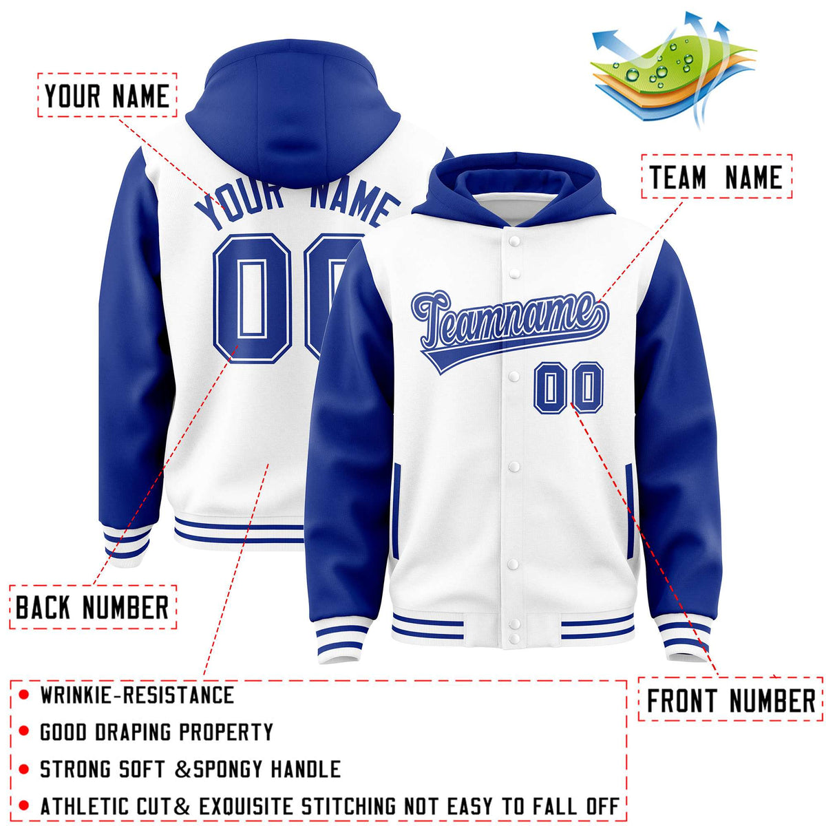 Custom White Royal Raglan Sleeves Varsity Full-Snap Letterman Two Tone Jacket Hoodie| KXKSHOP